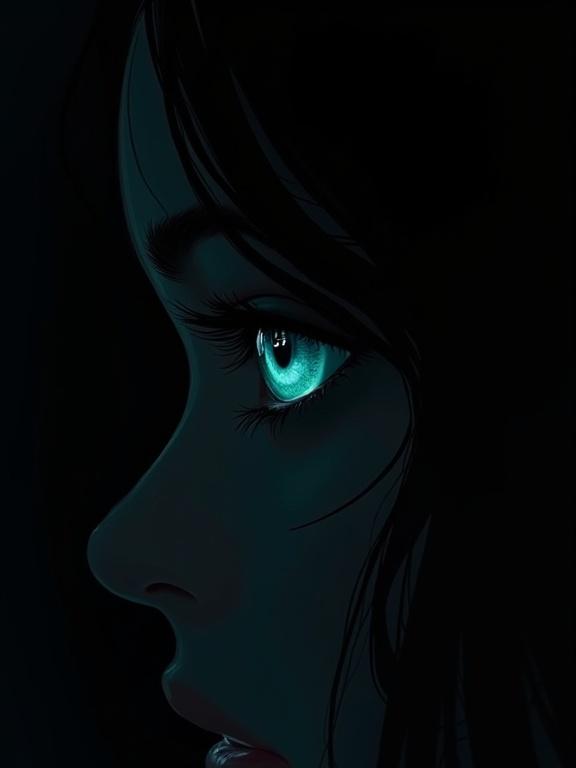 An extreme macro close up illustration of a woman's silhouette with a single turquoise blue eye, the rest of the image is in shadow and black.