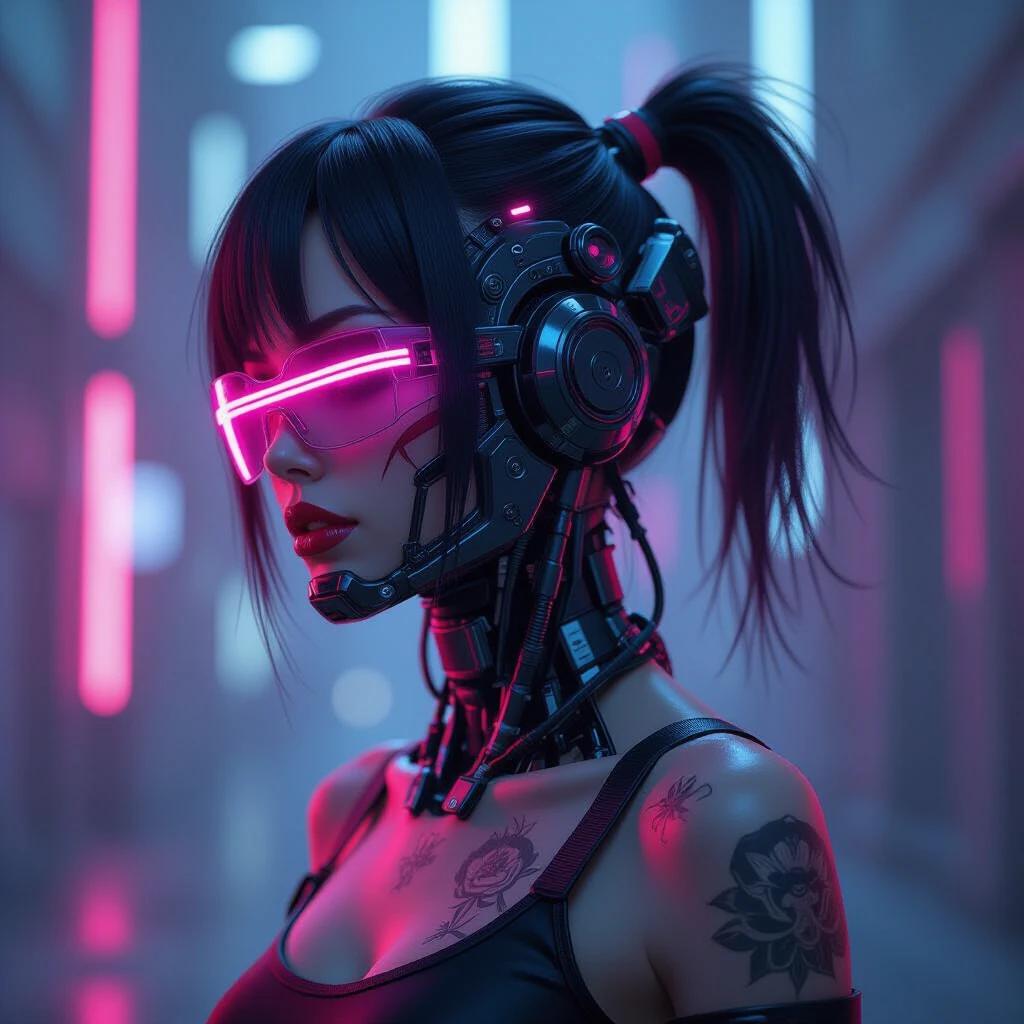 Android with black hair glowing pink eyes connected to cables. Mechanical face integrated with chest glowing wires. Dark neon background with moody lighting. Surreal tech-fusion style hyper-detailed. Full-body portrait from the side. Reflective glasses and casual wear with tattoos. Emotionless expression crimson eyeshadow. Short bob haircut framing the synthetic features. Soft clinical lighting highlight features.