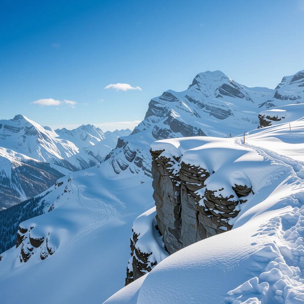 A snowy cliff in Switzerland showcasing panoramic views of snow-covered mountains under bright blue sky. Sunshine reflects off the pristine white snow. Rugged cliffs stand prominently against the smooth slopes. Ideal for showcasing winter beauty and adventure opportunities.