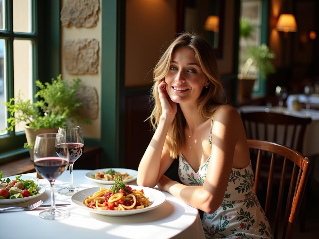 The model is seated at a dining table in Carluccio’s, a cozy Italian restaurant in London. She is wearing a stylish summer dress that showcases her elegance. The table is set with a delicious Italian lunch spread, including pasta, salad, and a glass of red wine. Sunlight is streaming through the window, illuminating her features as she enjoys her meal. The background reveals the warm and inviting atmosphere of the restaurant, filled with rustic decor and charming ambience.