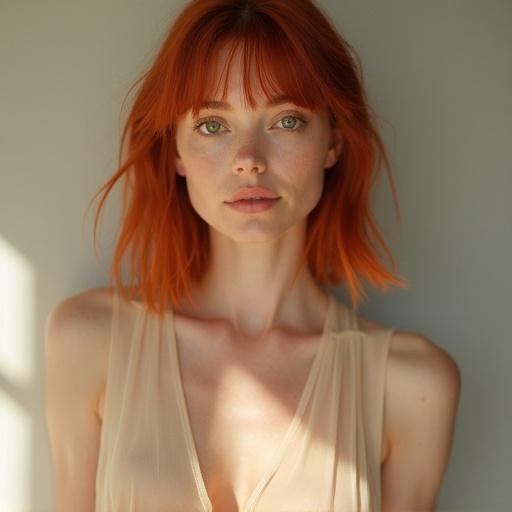 A 28-year-old woman with shoulder-length red hair. She has heterochromia: one brown eye, one green. Fair skin and confident expression. Wearing sheer vest, revealing underneath. Softly lit, minimalist background. High-resolution photorealistic style.
