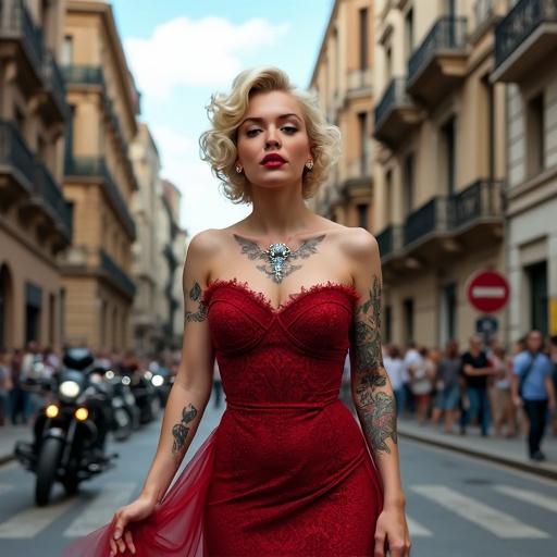 Illustration of a woman resembling Marilyn Monroe in Madrid. She wears a striking red dress and holds black roses. Tattoos adorn her arms and neck. A motorcycle is present with buildings in the background. The scene is vibrant and edgy.