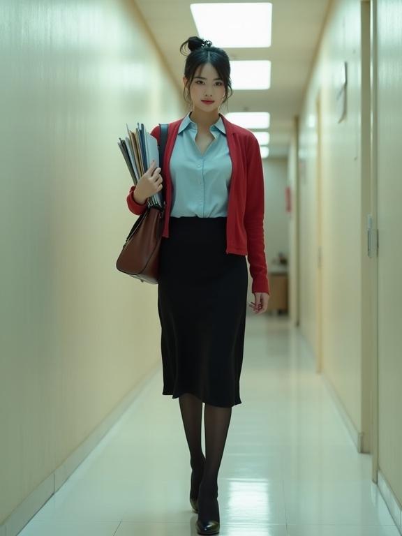 A young East Asian female agent moves gracefully through agency corridors. She wears an elegant outfit with a light-blue blouse and a black knee-length skirt. A cherry-red cardigan is worn outside. She carries intel files and has a brown satchel. Her hair is neatly bunned with a cute white flower hair clip. The corridors have off-white walls and a modern dim ambiance.