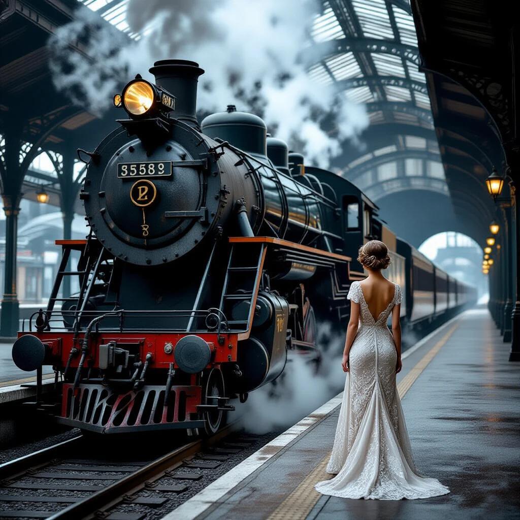 A woman in a lace dress stands on a misty train platform. She looks at a large steam locomotive. The locomotive shows signs of rust and decay. The station has a covered tunnel look with an exit in the back. The photo has dramatic lighting and steam in the air. The scene captures a mix of beauty and industry. The image portrays a 1920s atmosphere with muted colors and hints of copper.