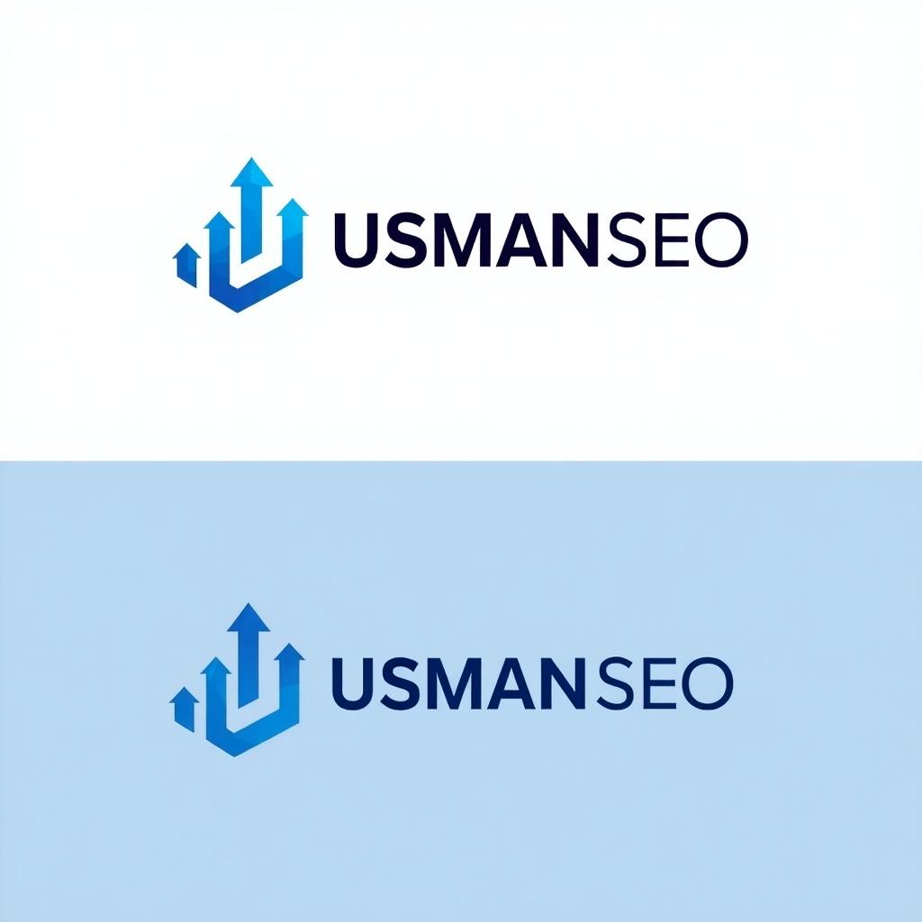 Logo design for USMAN SEO features minimalistic design. Using shades of blue, white, and gray. Uses sleek, sans-serif font like Montserrat for text. Includes an upward arrow to symbolize growth and SEO progress. Highlights digital nature with geometric patterns. Utilizes futuristic fonts with gradient blue. Design is horizontally aligned for easy integration with website. Incorporates SEO-themed elements like upward-pointing arrows.