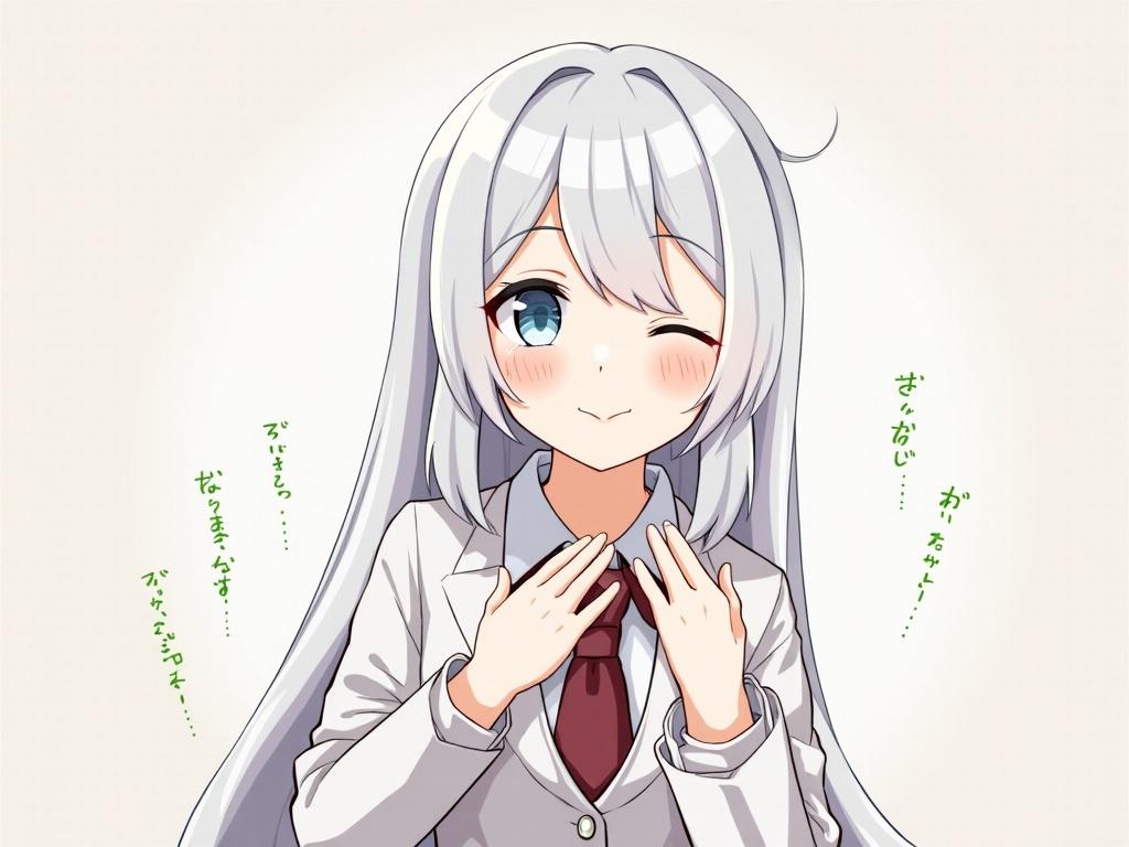Anime character with long silver hair wearing a white coat. The character has blue eyes and a playful smile. She is standing with hands on her chest in a friendly pose.