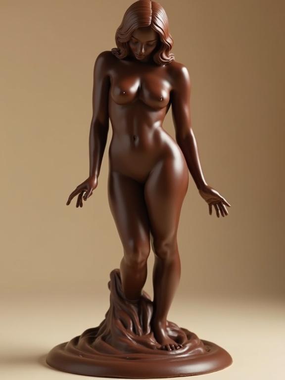 Nude body sculpture made from dark, white, and milk chocolate. Professional studio product photo with attention to detail and texture of chocolates.