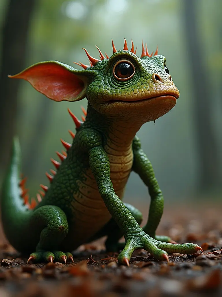 A cute, spiky green creature with large eyes sitting in a misty forest. Low angle perspective emphasizing cuteness and charm.