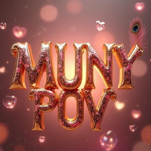 Luxurious 3D render of the name 'MUNY POV' in curvilinear metallic golden pink letters. Letters have floral patterns and a warm golden light. Background has heart-shaped objects and peacock feathers. Soft-focus dark pink backdrop.
