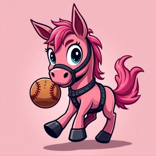 A kickball playing pink pony wearing a black leather harness and a ball gag. Designed in bold vector art style suitable for logo or t-shirt printing. Pony has a playful expression, expressive eyes. Background is pink or minimal. Emphasis on crisp outlines and bold colors.