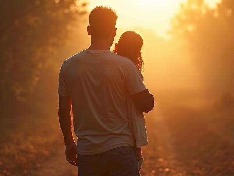A man hugs a little girl. They are standing together on a dirt path. Sunlight is shining from behind them creating a warm glow. The image has a soft blur effect. It evokes a nostalgic feeling.