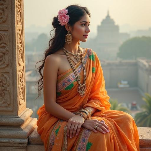 A woman wears an orange sari with floral patterns. Jewelry embellishes the hair. She relaxes on a stone balcony with patterned edges. The ancient city looms in fog. Light is soft and golden. The painting feels mystical and calm.