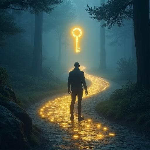 Person standing at a crossroad with two glowing paths. One path features a floating golden key; the other has a silver key. Environment appears mysterious and magical.
