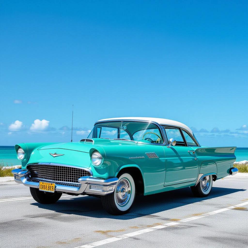Ultra-sharp archival photograph of a large vintage car in turquoise paint. Car parked near the ocean coast. Ocean waves visible in the background. Image captures water droplets on the hood. Features include Bakelite steering wheel and vintage tire tread. Long exposure creates misty ocean wave effect. Focal point on the car with turquoise ocean highlighting the scene.
