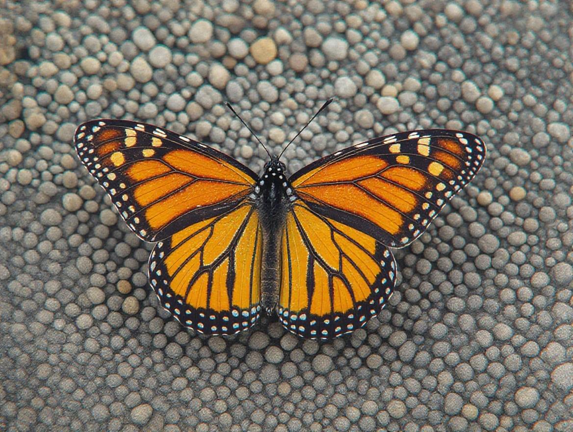 Butterfly displayed on a textured surface. The butterfly has orange and black wings with intricate patterns. Show vibrant colors and fine details.