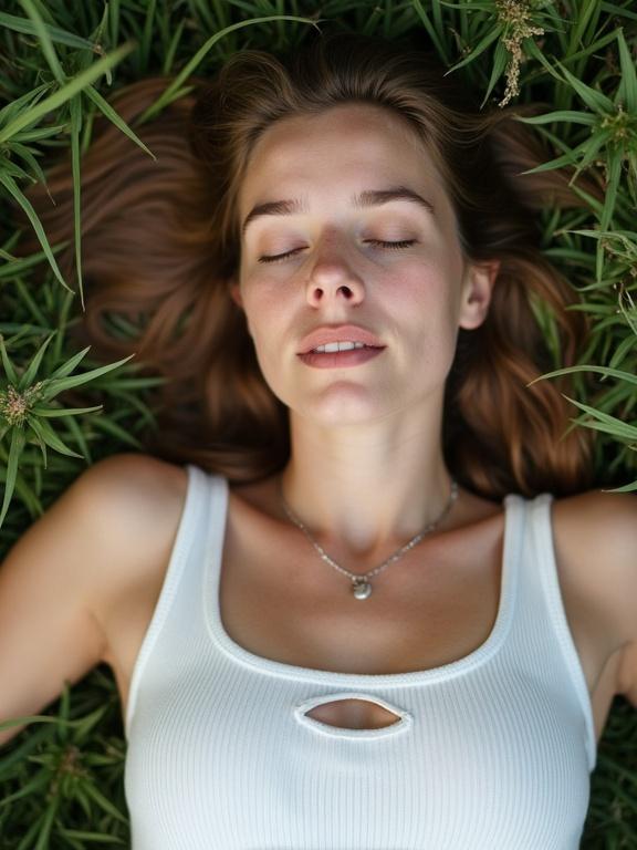 Photograph of a young woman lying on her back in a grassy field. She has light brown wavy hair spread out. She wears a white sleeveless tank top with a round cutout at the neckline. A silver necklace with a pendant is around her neck. The grass is lush and green with various blades and plants visible. Natural lighting suggests outdoor daylight creates soft shadows. The mood is calm and relaxed. The grass appears soft and slightly overgrown. Her skin is fair with a light blush on her cheeks. The background blurs keeping focus on her upper body.