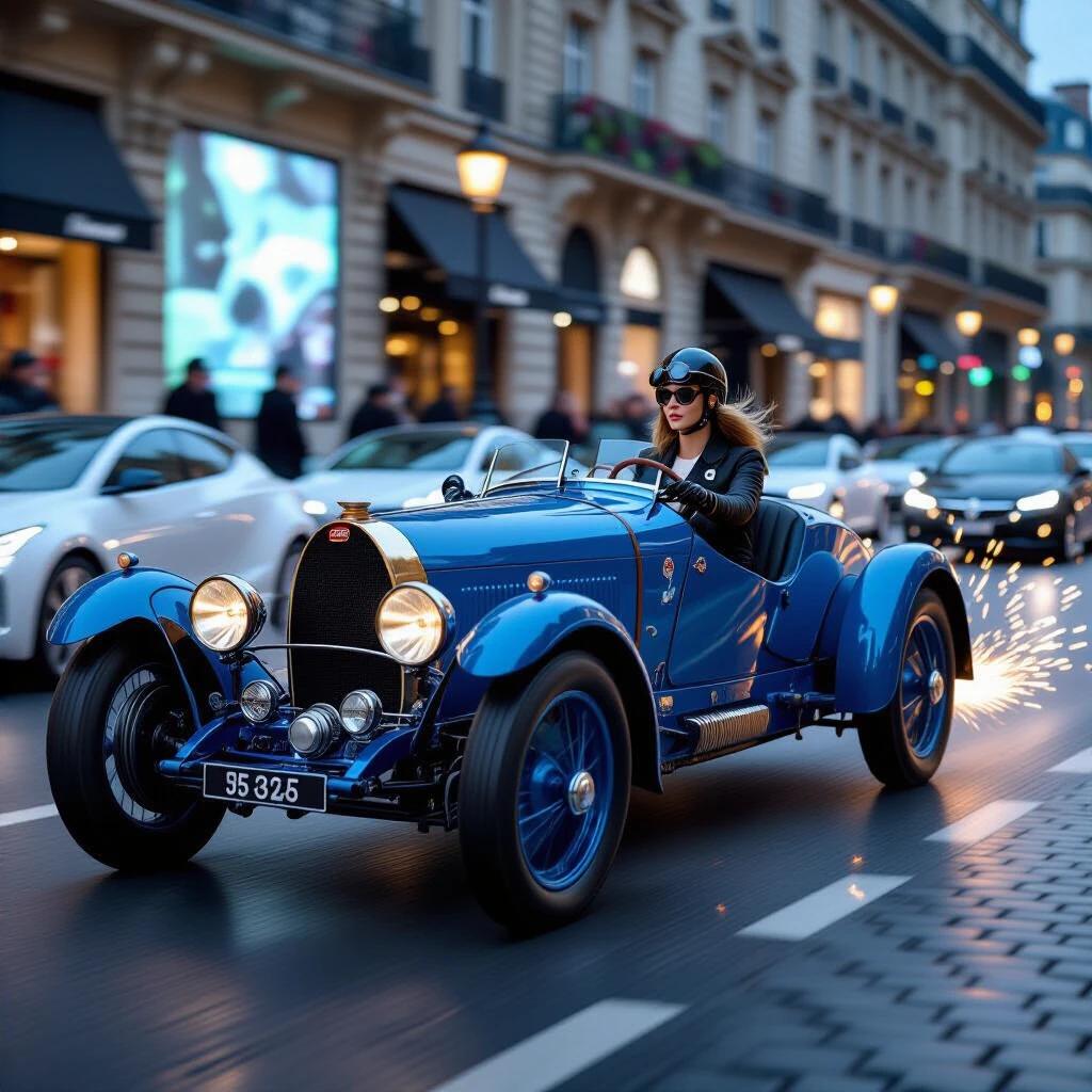 A vibrant blue 1924 Bugatti T35 speeds through the Champs-Élysées. A determined female driver with goggles and gloved hands is at the wheel. Sparks fly from the cobblestones while self-driving pods and holographic ads create a colorful background. The scene is captured in golden hour lighting with sharp focus on the driver and car.