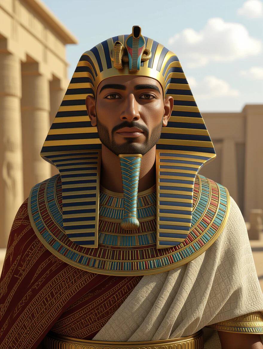 Hyper-realistic depiction of an Egyptian pharaoh in full view. Richly dressed in traditional attire. Aged approximately 30. Displaying intricate details of clothing and headdress. Set in a historically inspired environment.