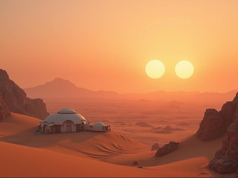 Wide panoramic view of a desert landscape inspired by Tatooine. Twin suns low on the horizon. Soft orange and pink sunset lighting. Rolling sand dunes and rocky formations. Simple sci-fi domed houses partially buried in sand. Slightly dusty sky. No characters. Cinematic lighting, high detail.