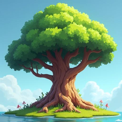 Fantasy tree illustrated as a 2D game asset with bright colors and stylized features