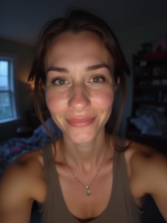 Generate a portrait in a live webcast style. Capture a woman with a pretty face showing minor skin flaws. She wears a brown-gray tank top. The background features a dark and slightly messy bedroom. The image displays slight motion blur and a casual atmosphere. Use a fisheye lens effect with messy colors, overexposed highlights, and a dirty lens look. Light sources are predominantly pink and blue. The face is centered and the shot is close. Aspect ratio is 9:16.