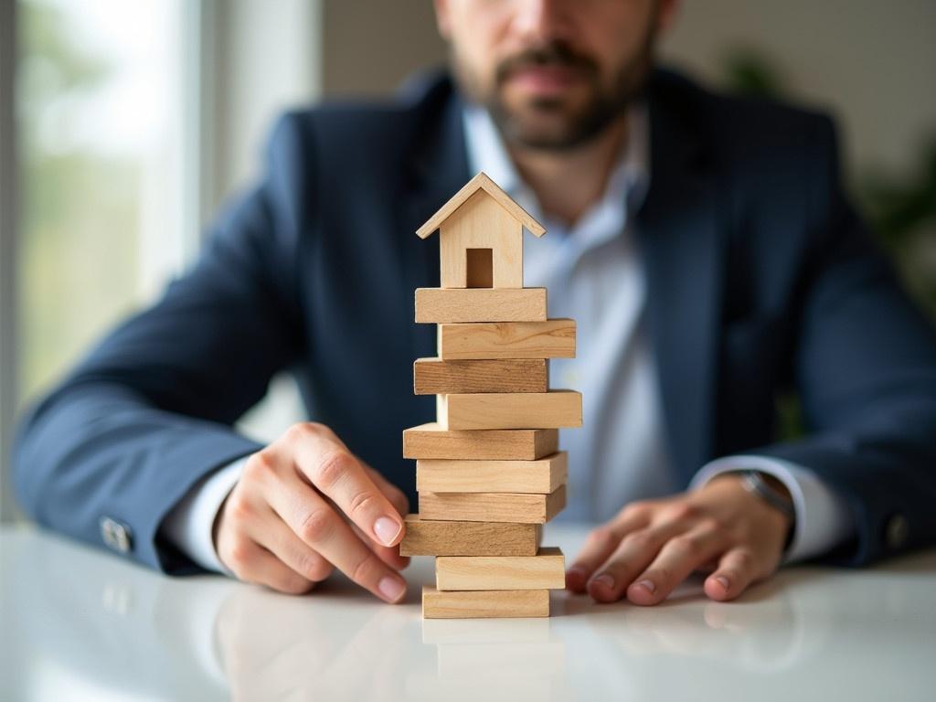 A businessman in a suit is carefully stacking wooden blocks. On top of the wooden blocks is a small model house. The scene illustrates the concept of real estate investment, showing the careful balance required. The background is softly blurred, highlighting the focus on the man's hands and the precarious model house. The man's expression reflects concentration and consideration, emphasizing the importance of strategy in building a successful property portfolio.