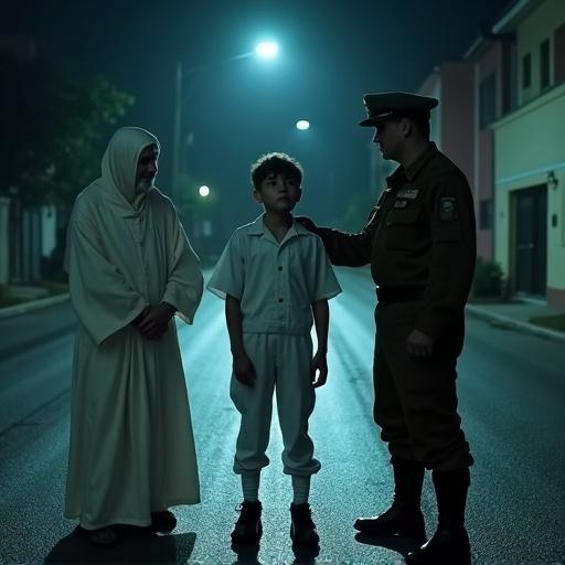 Creepy night scene with a young boy in white uniform, military soldier beside him, old man in white uniform on the other side, all standing in a dark street.