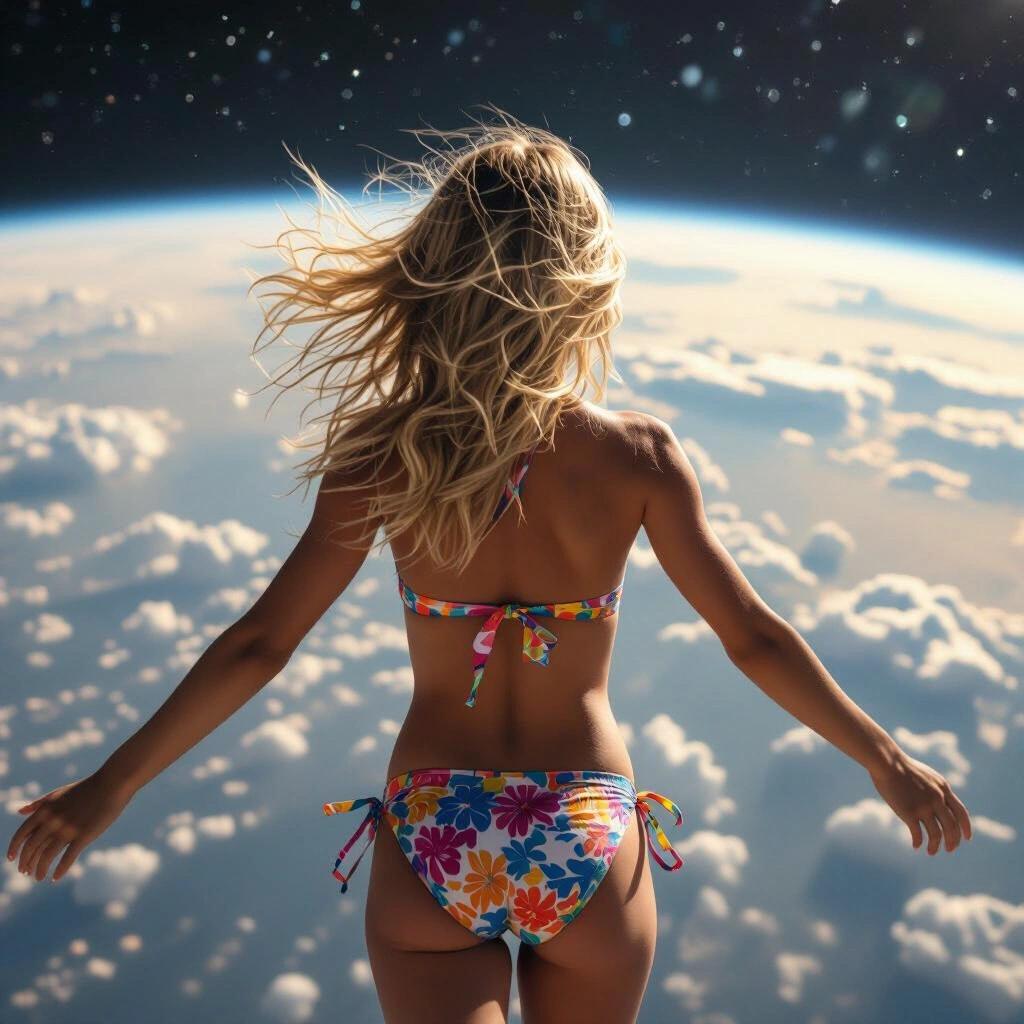 Blonde girl flying through atmosphere in colorful bikini with Earth's curvature visible and outer space above