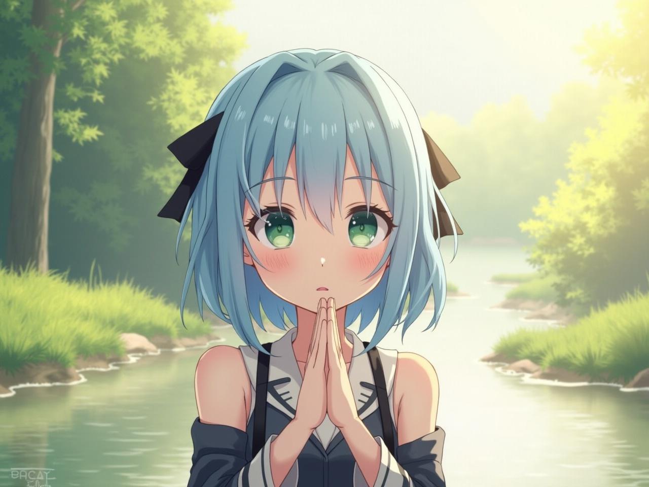 A girl with light blue hair is praying with a heartfelt expression. She has striking green eyes and is wearing a stylish outfit. Her hands are raised in a gesture of prayer. The background features natural scenery, giving a serene atmosphere. The sunlight adds a warm glow to the scene, enhancing her peaceful demeanor.