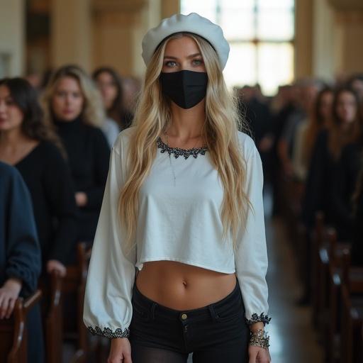 Beautiful blonde woman wearing a white T-shirt with a black collar and beret entering a church. The church is filled with women. She carries a small black handbag. Elegant attire features black tights and a tail.