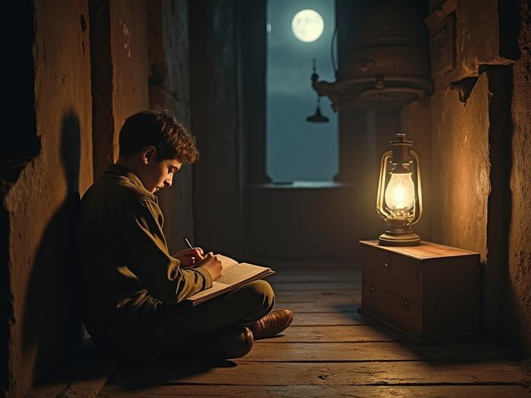 Color vintage photograph depicting a young man in an old church tower. He sits on worn wooden floorboards writing in a notebook. A heavy church bell looms above. Moonlight shines through a small window. A petroleum lamp lights the scene. The atmosphere is quiet and reflective.