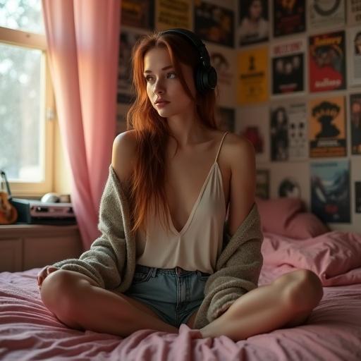 19-year-old woman with auburn hair styled in a bun seated cross-legged on unmade bed with pink sheets. She's calm and pensive, with parted lips and eyeliner. Left arm resting between legs, wrapped in a cardigan. Wearing loose silk camisole and cotton shorts. Vintage headphones. Cozy student room with concert posters. Golden hour light streaming from window.