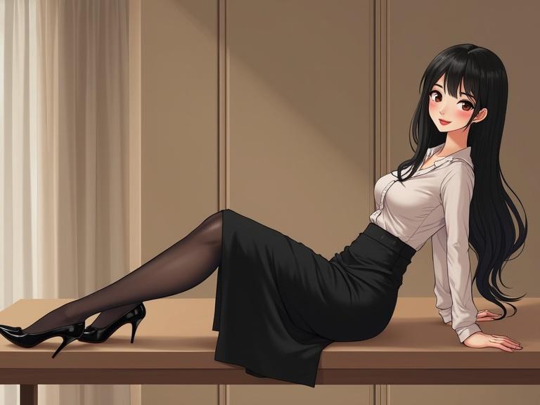 A confident elegant East Asian woman reclines on a wooden table. She wears a sheer white blouse and a black knee-length skirt. The black pantyhose and closed-toe heels complete her outfit. Her long black hair flows freely. The background is a softly lit dressing room. The image has a modern stylish atmosphere with detailed textures and lighting.