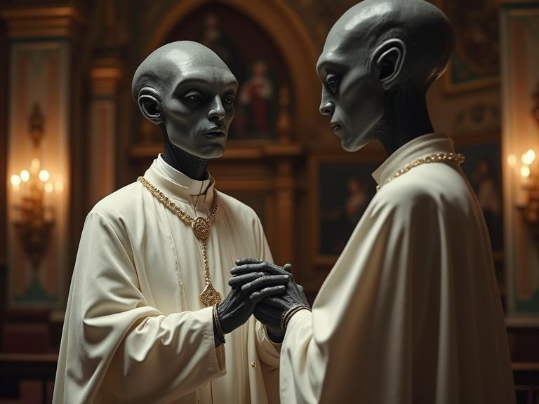 A depiction of a papal figure dressed in white robes holding hands with a grey alien. Scene set in a richly decorated church. Artistic style reflects historical and traditional themes. A close-up shot emphasizes intricate details. The lighting is high-contrast and dramatic.