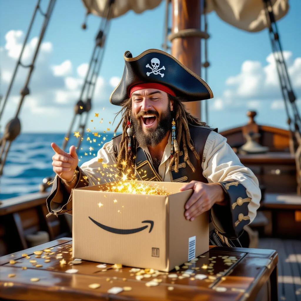 Pirate on a ship opening Amazon box. Excitement visible on the pirate's face. Magic bursts forth from the box. Daylight setting.