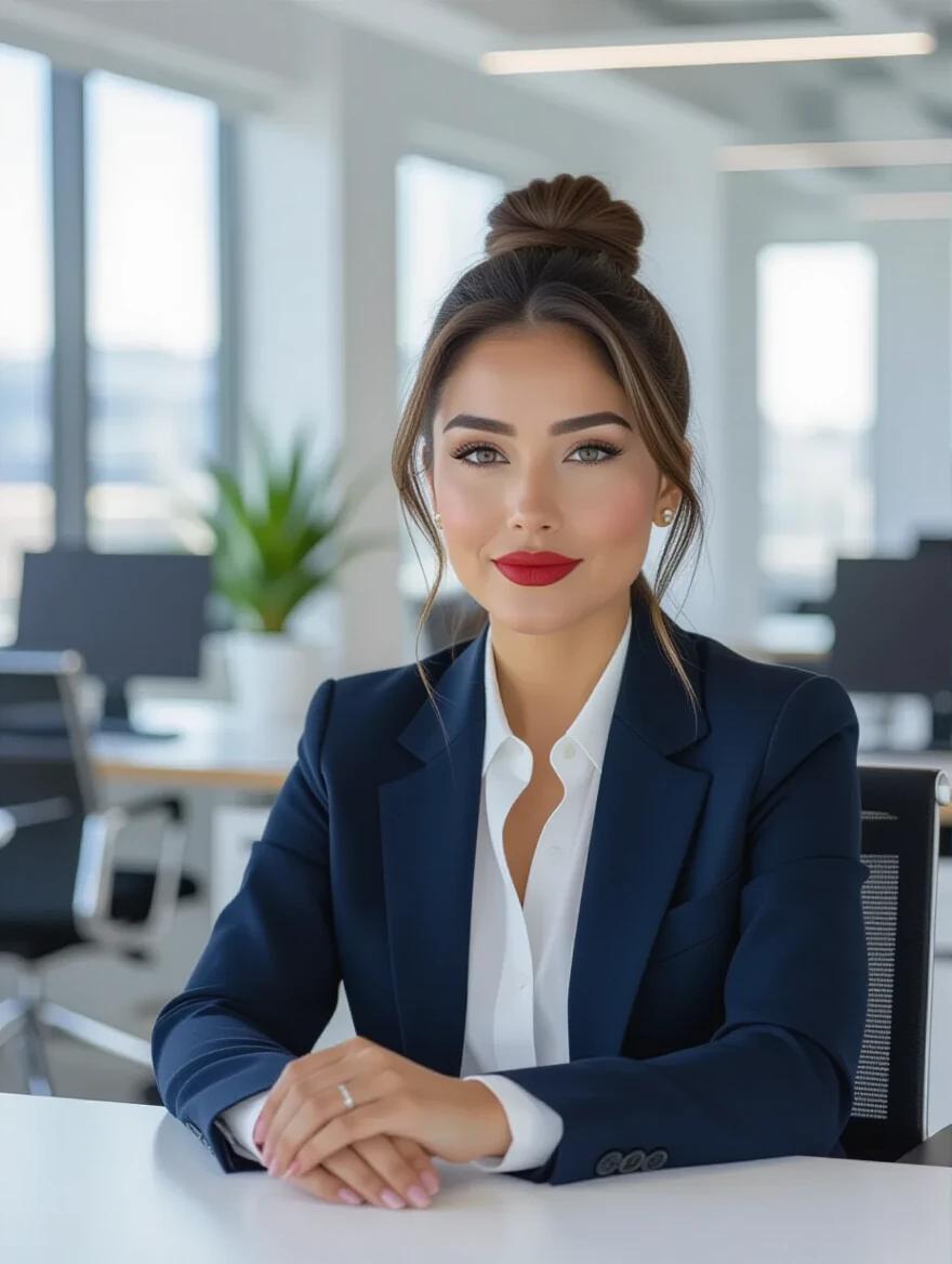A woman in her thirties or forties with fair skin and blue eyes is seated at a desk. She wears a dark blue blazer over a white collared shirt with unbuttoned collar. Her hair is in a neat bun. She has red lips and defined eyebrows. The background shows a blurred office with desks and office chairs. A green plant is visible on a distant desk. The lighting is bright and even.