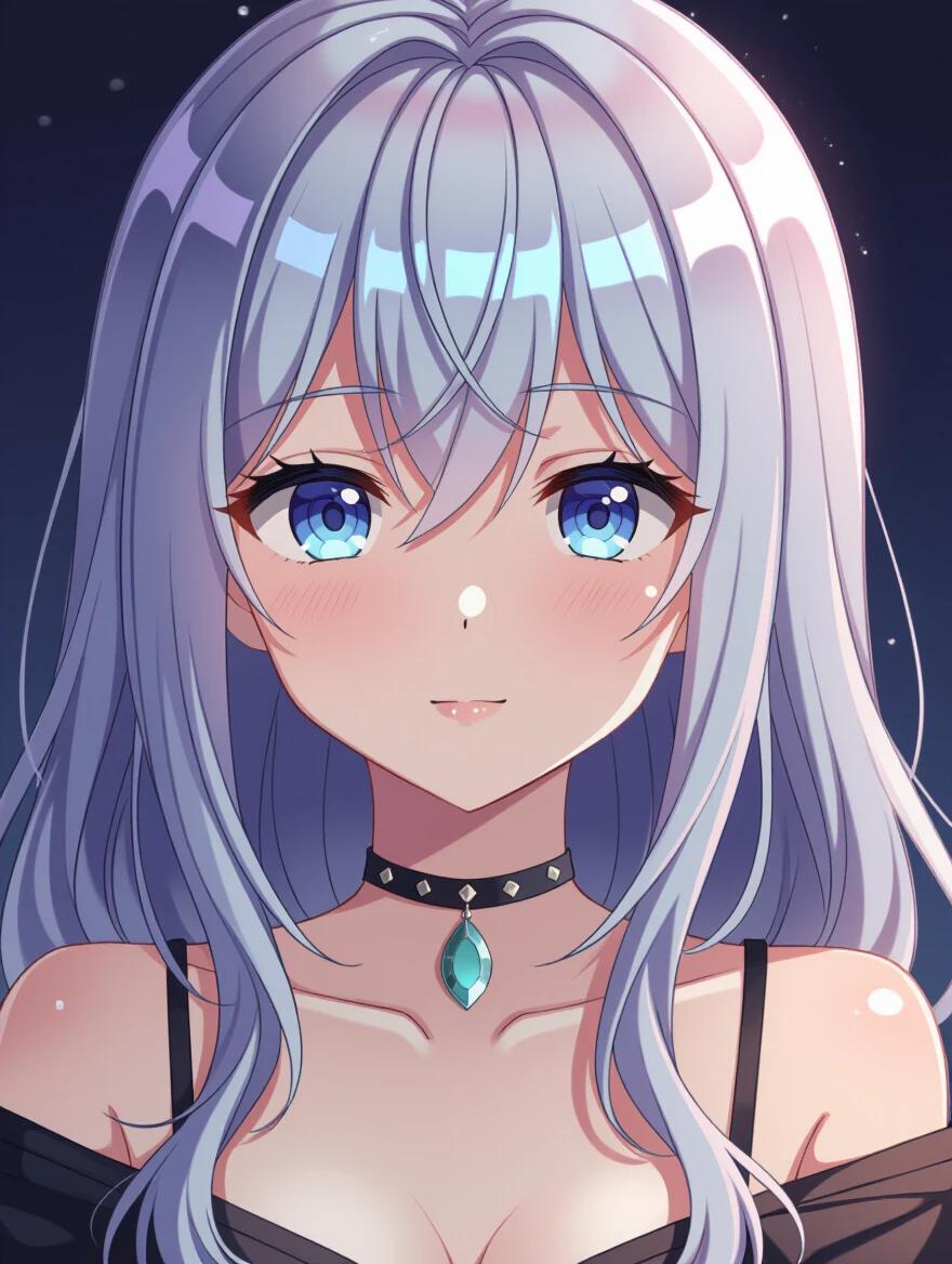A close-up of a girl with long, light purple hair. She wears a black outfit and a choker necklace with a teal pendant. The background has a dark theme with a mystical vibe. Colorful highlights accentuate her hair and shoulders.