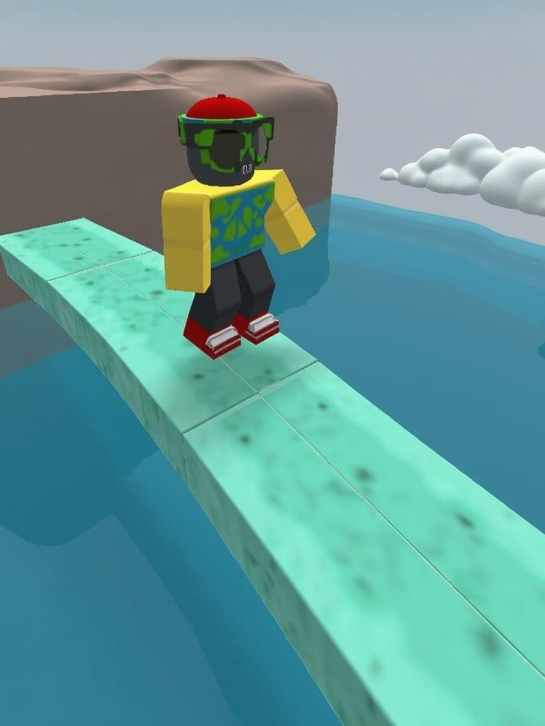 Image depicts a Roblox-style avatar standing on a glass bridge inspired by Squid Game. The character has sunglasses and a casual outfit with a colorful design. The background features a blue body of water and a hint of clouds. Stepping Stones area in a game context.