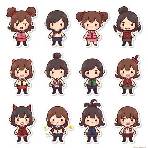 Create a grid of 12 chibi-style characters reflecting various emotions in a cartoon style. Characters have big heads and small bodies, featuring cute expressions. Use a muted color palette. Characters are arranged in three rows of four.