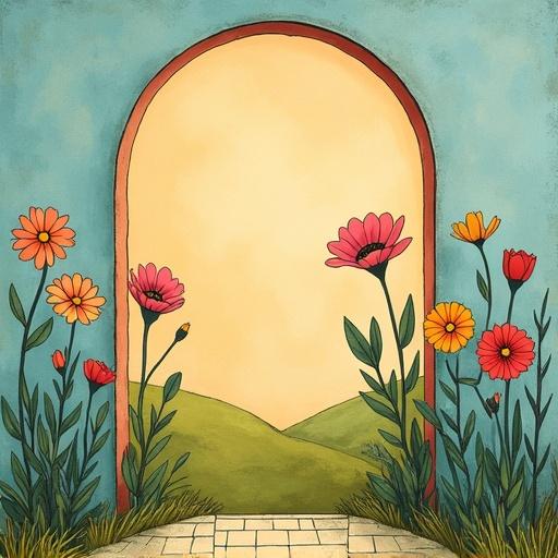 Image of a storybook cover in Paul Klee style featuring an archway with colorful flowers and a garden background.
