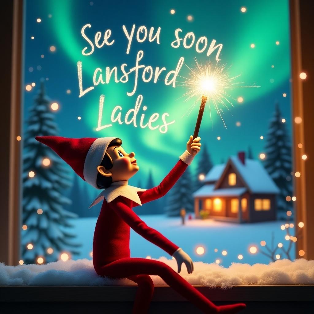 An elf on the shelf sits with its back to the viewer, gazing skyward. It holds a glowing wand that emits sparkling light. The background showcases a charming Christmas scene with colorful northern lights swirling above. In the distance, a cozy house can be seen, decorated for the holidays. Snow covers the ground, adding to the winter atmosphere. The elf is in a playful position, embodying the spirit of magic and wonder associated with Christmas. The words ‘See you soon Lansford Ladies' is written in the air using the wand, creating a sense of holiday cheer.