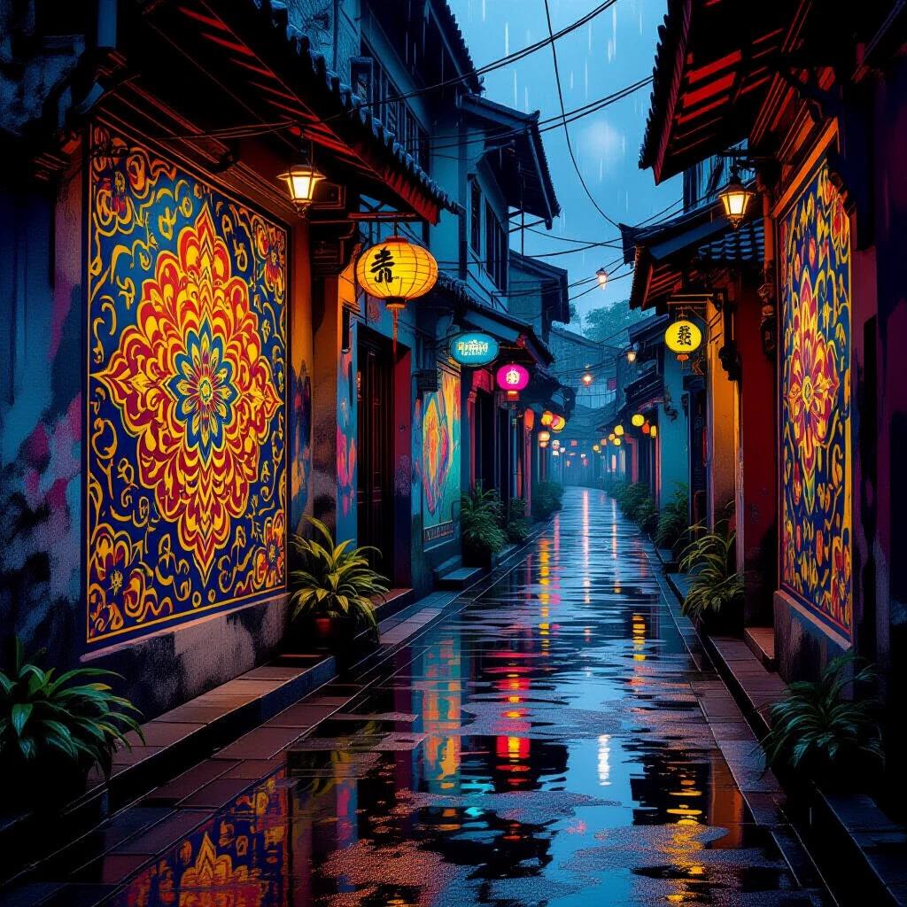 A rainy alleyway in a Southeast Asian city with walls painted in vivid Batik patterns. Puddles reflect ornamental textures. Moody lighting features neon accents. Blends traditional fabric art with a contemporary street scene.