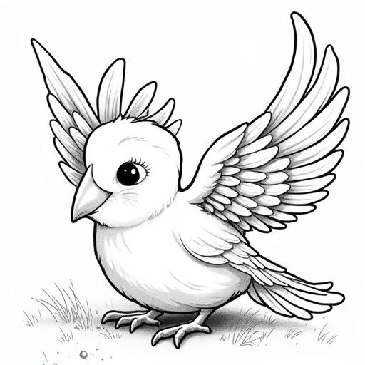 A cartoon bird with big eyes and outstretched wings. The style resembles a coloring book illustration. The image is black and white line art without colors. The bird is drawn in a cute and whimsical manner.
