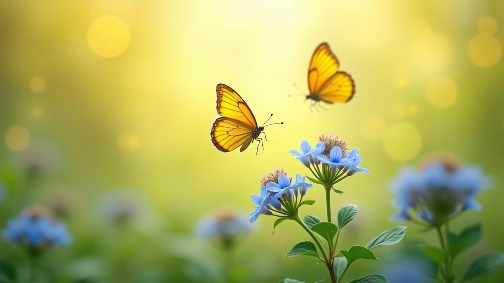 Professional stock photography showcases tranquil nature scene. Two yellow butterflies flutter over small blue flowers. Background is a dreamy blend of light creating bokeh effect. Flowers stand out with delicate petals against lush green foliage. Overall feeling is peaceful and joyful capturing beauty and life in garden.