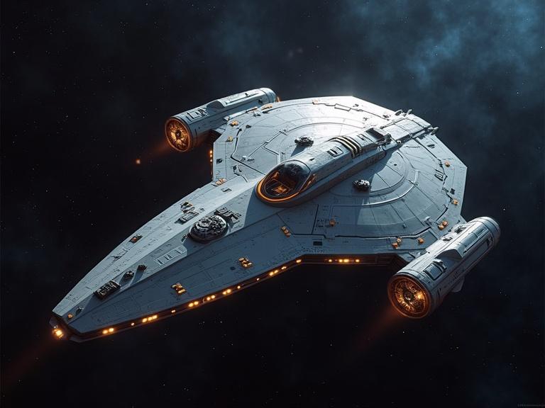 A starship similar to those in Star Trek. The ship is displayed from an overhead perspective showing the name USS Fraunhofer clearly. The craft has a unique sleek design with visible features suggesting advanced technology.