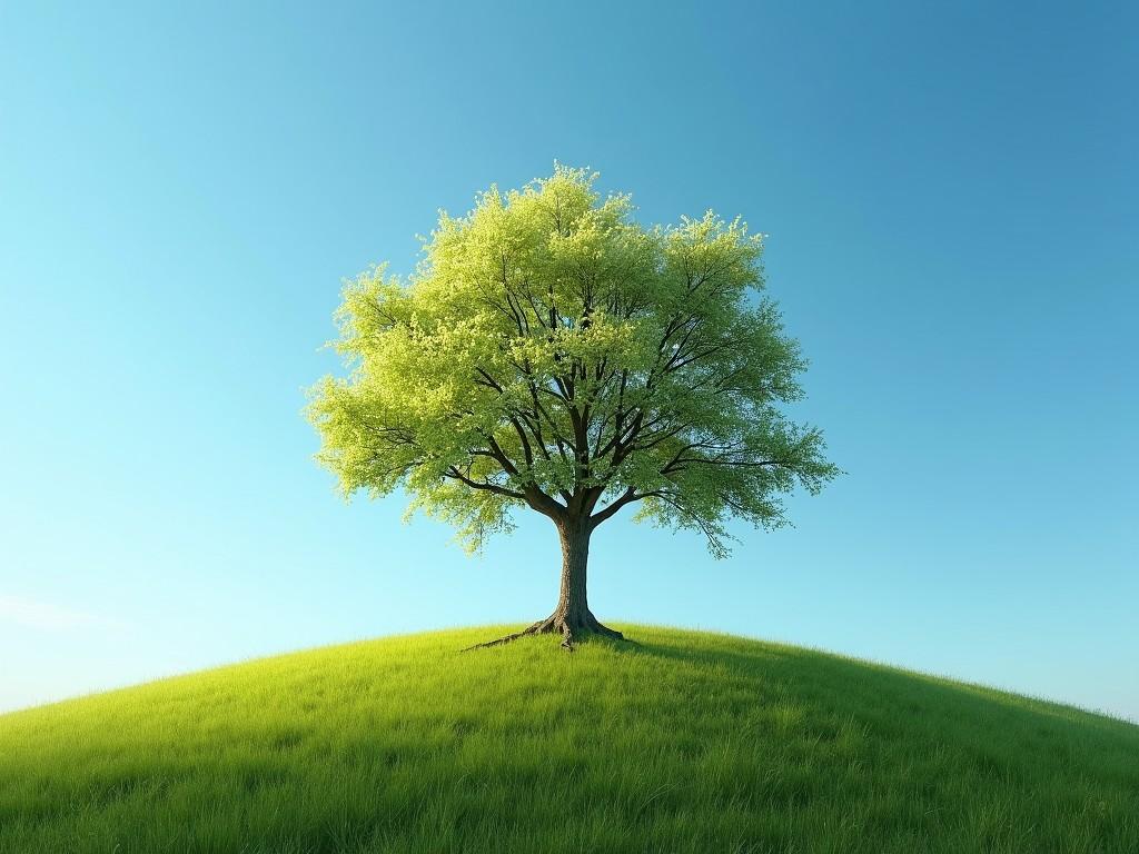 A solitary tree stands majestically atop a lush, grassy hill, surrounded by a clear blue sky. The vibrant green leaves of the tree contrast beautifully with the light blue background, creating a sense of peace and tranquility. The image captures the essence of nature's simple yet profound beauty.