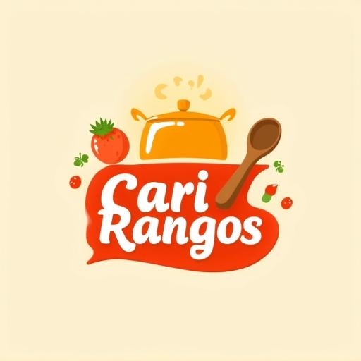 Logo design for a Brazilian food brand named Cari Rangos. Features a playful cooking pot and wooden spoon. Includes strawberry and tomato elements. Use bold rounded typography with a hand-drawn style. Color palette includes orange, red, yellow, and background is simple.