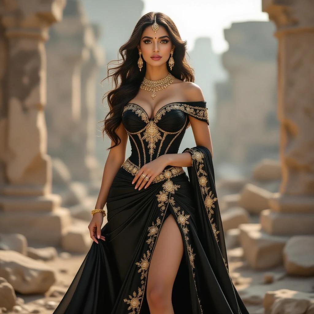 A noblewoman inspired by goddess Lakshmi. She wears a luxurious black and gold gown. The gown has an off-shoulder corset bodice. It features embroidered gems and a thigh-high slit. Long hair flows in the wind. A hand rests gently near her neck. Golden jewelry and a gemstone tiara are present. Ruins with stone pillars appear in the background. Ash is floating in the air with an overcast sky. Dust particles and a magical glow are visible. The overall mood is regal and majestic.