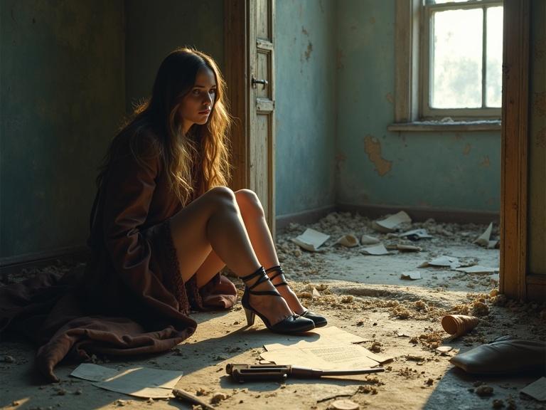 Detailed cinematic painting of a young woman in a ruined room. She sits alone wearing strappy leather heels. Long hair catches light. Room shows signs of survival and collapse. Discarded overcoat, sidearm, wind-blown papers, cracked floorboards around her. She appears composed. Natural light creates soft shadows. Rich Technicolor tones showcase texture of worn leather and rough wool.