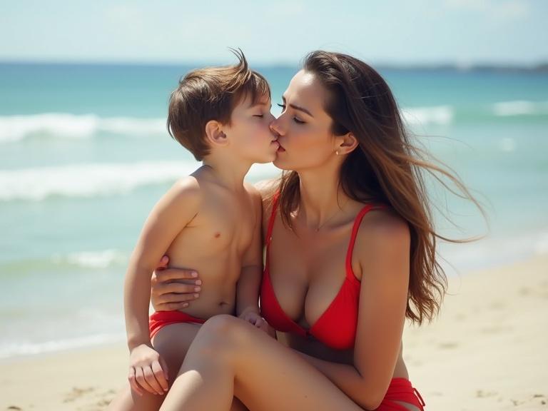 A woman in a red bikini sits on the beach with a child on her lap. They share a tender moment. The beach scene includes ocean waves and golden sand.